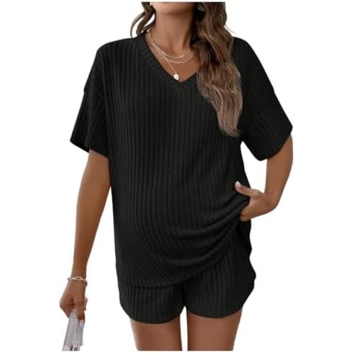 MakeMeChic Women's Maternity Pajamas Lounge Sets 2 Piece Outfits Short Sleeve Rib Knit Tops and Shorts Sets Pregnancy Clothes