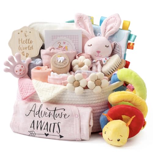 Baby Shower Gifts for Girls, 24 Piece Deluxe Baby Shower Gift Basket - Baby Girl Gift Basket with Swaddle, Rattle, Bath Towel, Brush, Car Seat Activity Toy & Milestone Cards for New Mom(Pink)