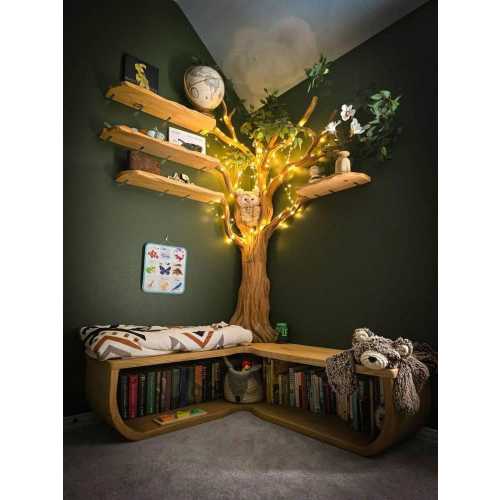 Tree Branch Bookshelf with L-Shaped Bench, Driftwood Corner Shelf
