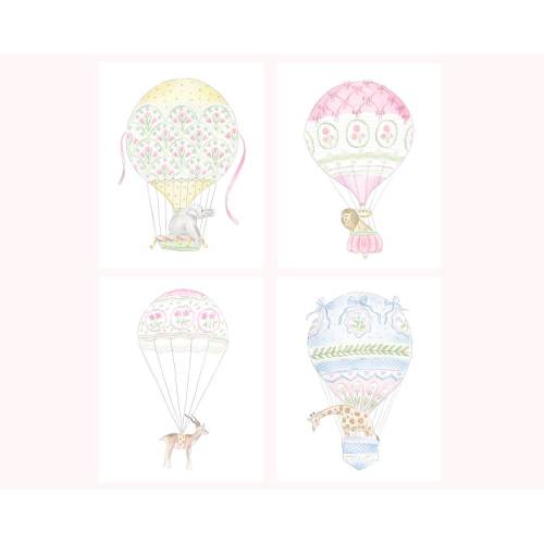 Art Prints Giraffe, Lion and Elephant in Hot Air Balloons // Nursery Decor // Hydrangea // Watercolor // Grand millennial // Preppy