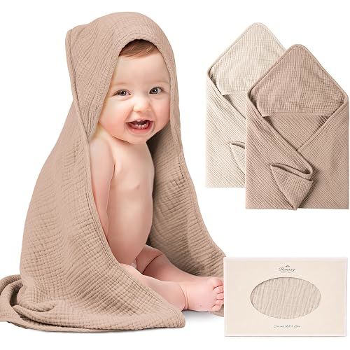 Konssy 2-Pack 100% Muslin Cotton Hooded Baby Bath Towels for Boys and Girls