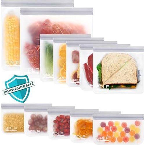 SPLF 12 Pack Dishwasher Safe Reusable Storage Bags(5 Reusable Sandwich 5 Snack 2 Gallon), Extra Thick Freezer Bags Leakproof Silicone and Plastic Free Food Lunch Bag