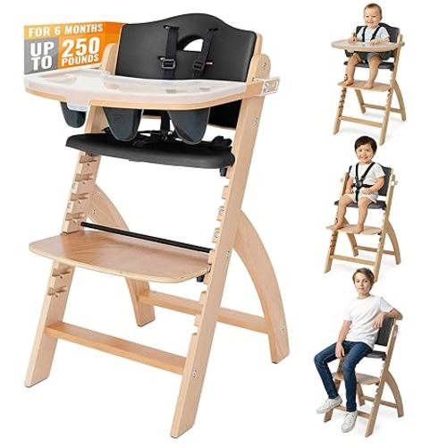 Abiie Beyond Junior Wooden High Chair with Tray - Adjustable and Convertible High Chair for Babies and Toddlers - 6 Months to 250 Lb - Water Resistant - Natural Wood/Black Pearl Cushion