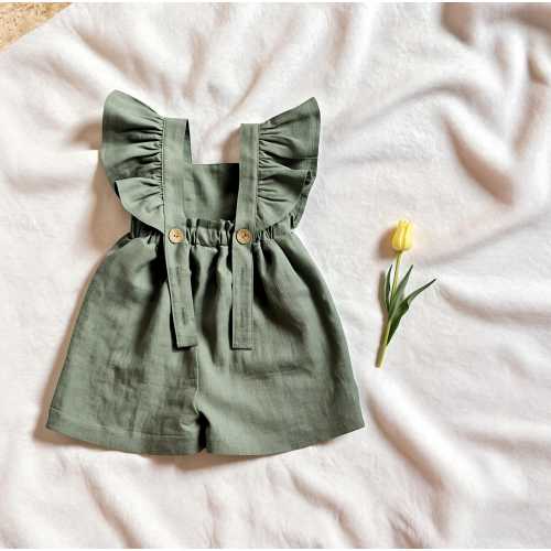 Baby Girl Linen Cotton Romper with Ruffle Straps – Summer Toddler Playsuit in Neutral, Green, Beige, Pink & White