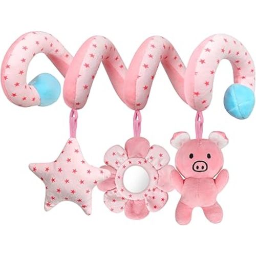 USATDD Car Seat Toys for Babies, Spiral Hanging Toys Stroller Activity Toys, Pink Sensory Baby Plush Carseat Toys Baby Toys Newborn Essentials for 0 3 6 12 Months