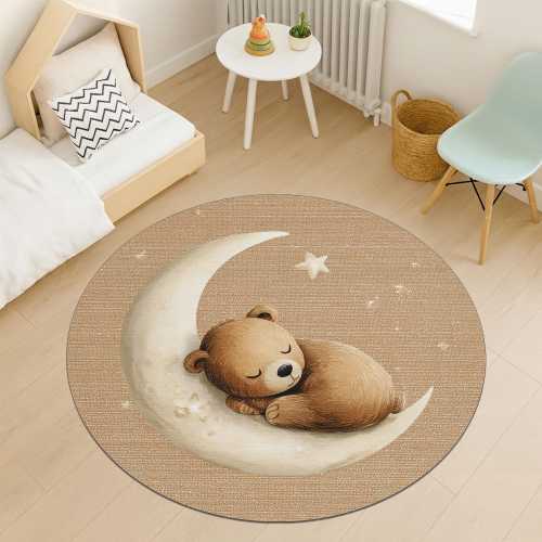 Sleeping Bear Moon Rug Round Washable Carpet Cozy Beige Nursery Decor Baby Room Soft Plush Surface Dreamy Sleep Theme