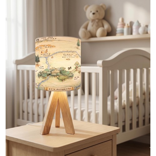 Winnie the Pooh Hundred Acre Wood Table Lamp, Wood Tripod Nursery Light, Classic Pooh Map Bedroom Decor, Hundred Acre Woods Gift for Kids