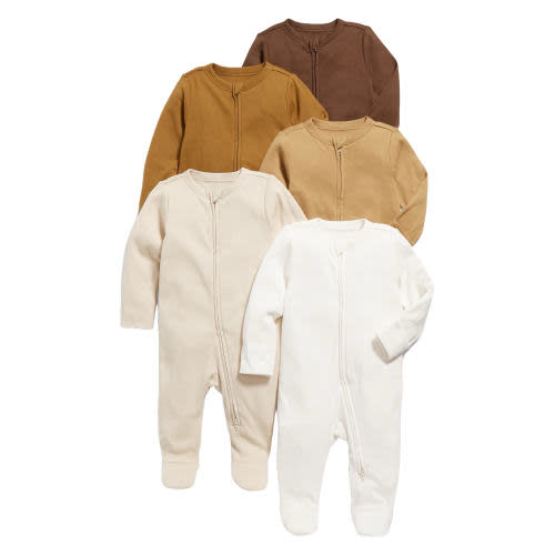 Zip-Up Footie Onesies (Brown/Squash/Tan/Cream/White; 0–3 Months) | Old Navy – Unisex 2-Way Zip Footie Sleep & Play 5-Pack
