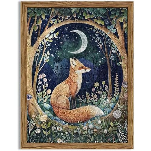 Framed 3D Textured Vintage Wall Art - Cottagecore Hand Drawn Sandstone Fox Paintings Wall Decor, Whimsical Forest Animal Floral Botanical Aesthetic for Bedroom Living Room Nursery 16x24 inch