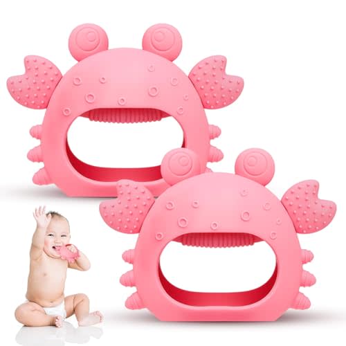 Anboor 2 Pack Baby Teething Toys, Silicone Teethers for Babies 0-6 Months Anti Dropping Hand Teether, Infant Baby Chew Toys for Teething Relief for Newborn Soon-to-be Mothers (Pink,Crab)