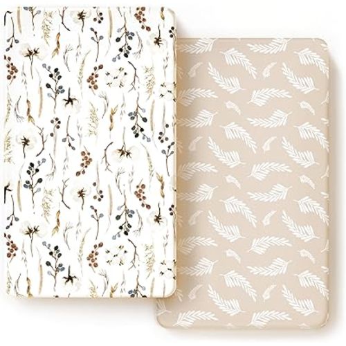 Stretch Ultra Soft Jersey Knit Fitted Crib Sheets Set 2 Pack, Fits All Standard Crib Mattress Pads Safe and Snug, Stylish Pretty Flora for Baby, Beige