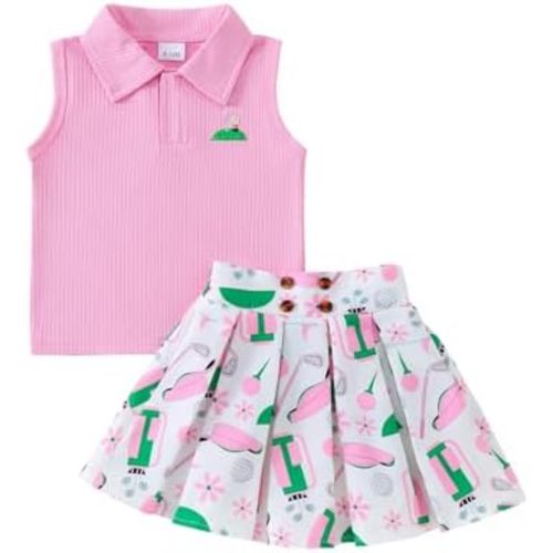 Toddler Baby Girl Golf Outfit Golf Print Lapel Collar Sleeveless Tank Top Mini Skirt Set Cute Girls Summer Clothes
