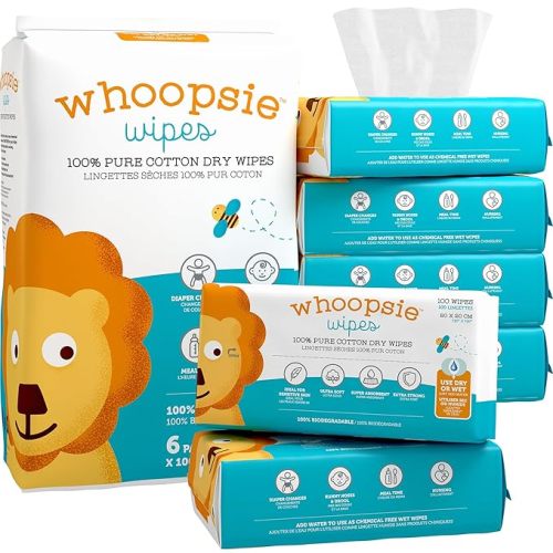 Whoopsie Wipes – The Original 100% Pure Cotton Dry Baby Wipes – Ultra Soft, Unscented, Chemical-Free Wipes for Sensitive Skin – Use Dry or Add Water for Wet Wipes – 6 Packs (600 Count)
