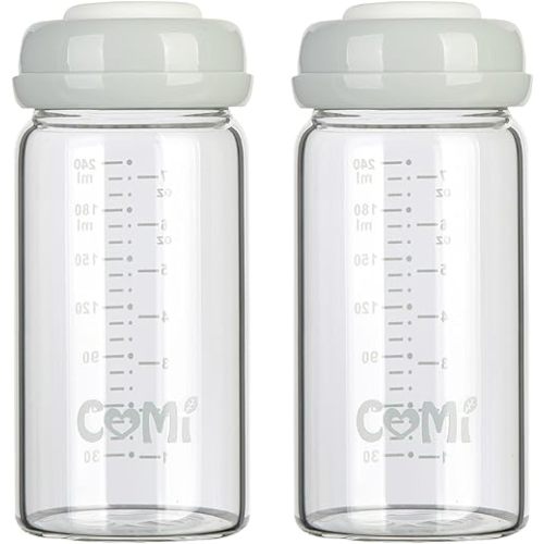 COMI Wide Neck Glass Breastmilk Collection n Storage Bottle, 8oz with Screw Ring Sealing Disk; Re-markable Sealing Disc. BPA Free, Fits Breast Pumps & Nipples (2 Gray Lids)