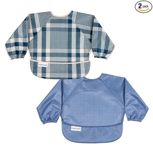 Tiny Twinkle Long Sleeve Bib for Babies & Toddlers | 2-Pack Waterproof Smock Bib for Eating | Machine Washable & Mess-Proof Feeding Essentials | Newborn Shower Gift (Gingham Grid, 6-24M)