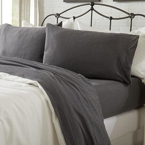 Cotton Jersey Knit California King Sheet Set - Ultra-Soft, Stretchy, Heathered Melange Dark Grey Bed Sheets - Cozy, Soft T-Shirt Sheet & Pillowcase Set