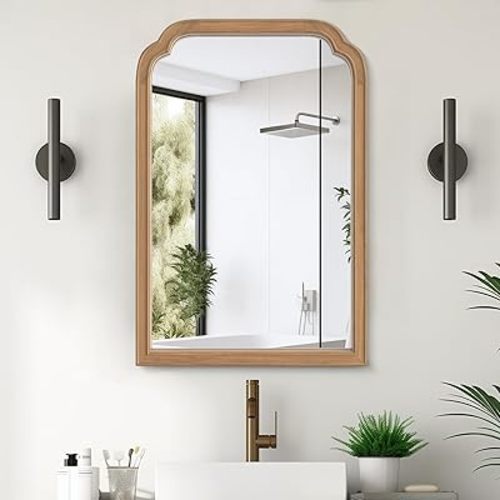 Wood Frame Wall Mirror Rounded Corner Arch Rectangle Mirror for Entryway, Living Room or Bedroom Home Decor - Light Woodgrain [20" x 30" Honey-Colored]
