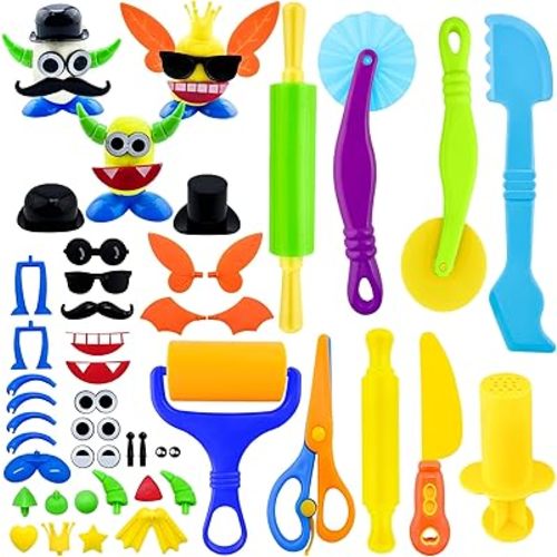 iShyan Dough Tools Play Set for Kids,46 pcs Basic Dough Play Toys Includes Cutters, Roller, Rolling Pins, Safety Scissors, Plastic Knife, Character Accessories