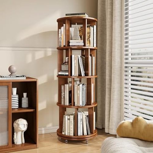 4-Tier Solid Wood Rotating Bookshelf on Wheels, 360° Spinning Book Shelf Tower, Round Revolving Bookcase Organizer, Rolling Bookshelves for Small Spaces, Corner, Bedroom, Kids Room, Office, Walnut