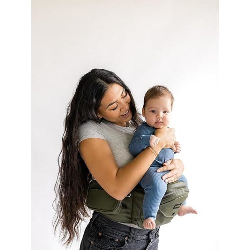 Tushbaby Original Hip Seat Baby Carrier for Babies & Toddlers up to 45 lbs, Safety Certified, Lightweight No-Foam Design with Storage, Olive