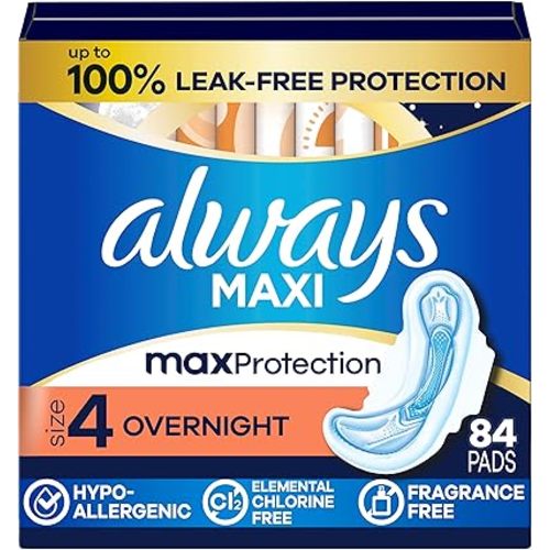 Always Maxi Overnight Pads with Wings for Women, Size 4, Overnight Absorbency, Unscented, 84 Count (3 Packs of 28)