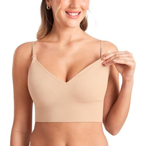 MOMANDA Ribbed Nursing Sleep Bra for Breastfeeding Longline Maternity Bralettes V Neck Comfort