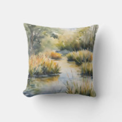 Creek Reeds Waterscape Mountains Throw Pillow | Zazzle – Throw Pillow 16" x 16" | Cotton
