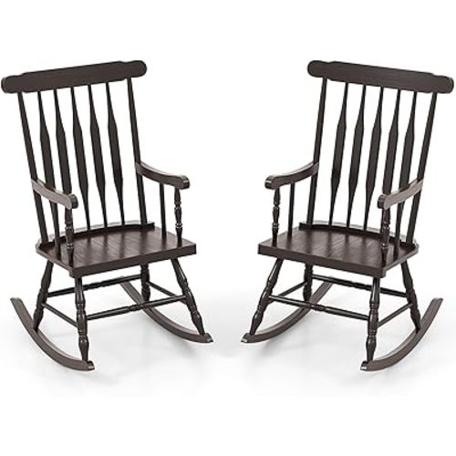 Giantex Outdoor Wood Rocking Chair Set of 2, Patio Rocking Chair w/Rubber Wood Frame, Slat Back, Outside & Indoor Rocker for Garden, Poolside, Balcony, Backyard, Lawn, Front Porch Rocker, Dark Coffee