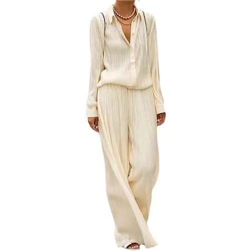 Women's Pajama Sets Two Piece Long Sleeve Soft Button Down Shirt Wide Leg Pants Outfit Casual Loungewear Tracksuit