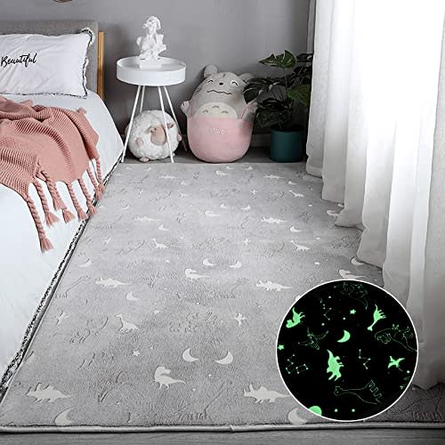 Eanpet Large Playroom Rug for Kids Glow in The Dark Dino Area Rugs for Boys Girls Toddlers Bedroom Decorative 5x7 Grey Play Mat for Babies 1-3 Years