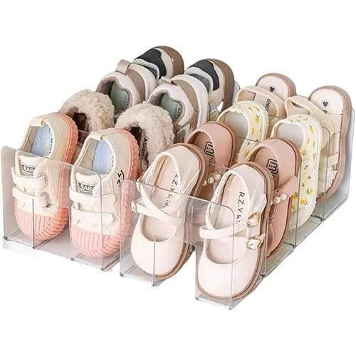 Clear Acrylic Shoe Rack for Kids 2 Pack Clothing Drawer Organizer Baby Dresser Organizer 4 Sections Stackable Baby Shoe Organizer for Closet, Nursery & Entryway, Toddler Shoe Storage Shelf