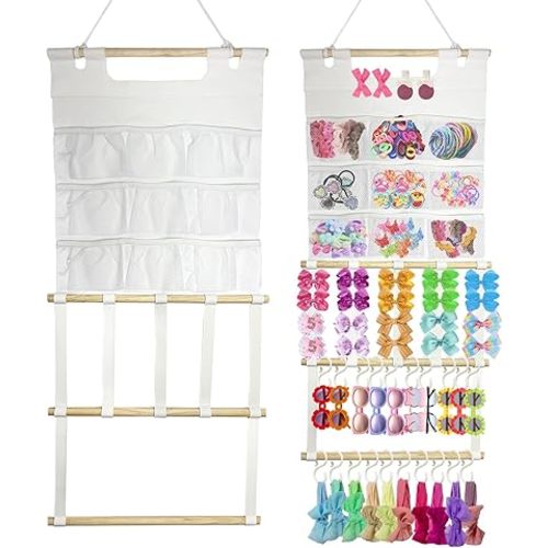 HY.MIS Headband Holder Organizer, Hair Accessories Storage with 9 Net Pockets, Wall Hanging Hair Clips Hair Band Organizer for Girls Room