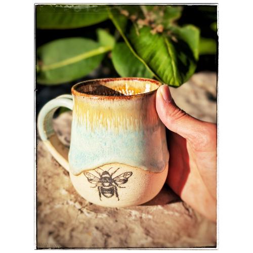 Handmade Turquoise Ceramic Bee Mug, Artisan Stoneware