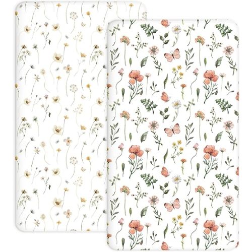 Crib Sheets for Boys Girls, 2 Pack Jersey Knit Fitted Crib Sheets for Standard Toddler Mattress 28"x 52", Soft and Breathable Baby Bedding (Crib Sheet, Butterfly Garden)