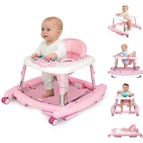 5-in-1 Baby Walker for Boys and Girls Music and Lights 6-18 Month, Foldable Baby Walkers with 5 Adjustable Heights, Infant Toddler Walker with Wheels and Combo Portable(Pink)