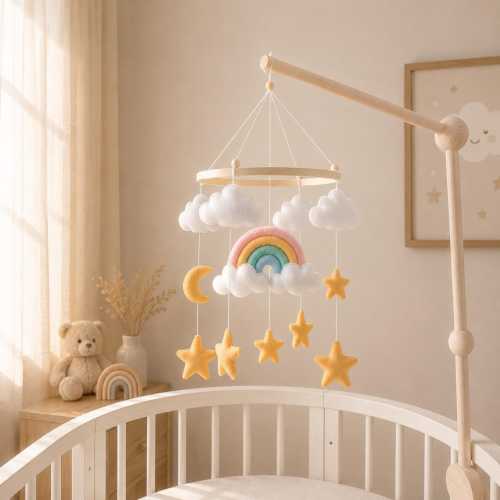Handmade Felt Rainbow Cloud Star Crib Mobile, Pastel Nursery Decor