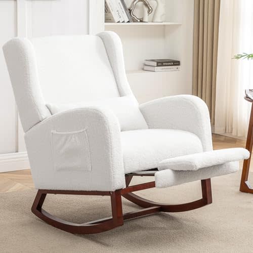 HCHAIRH Rocking Chair Nursery,Teddy Nursery Rocking Chairs with Foot Rest, Sherpa Nursing Chair Glider Rocker with Wingback and Pillow for Living Room, Bedroom, White