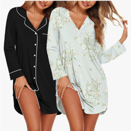 Ekouaer 2 Pack Nightgowns for Women Long Sleeve Night Shirt Button Down Sleep Shirt V-Neck Sleep Dress Pajama Sleepwear