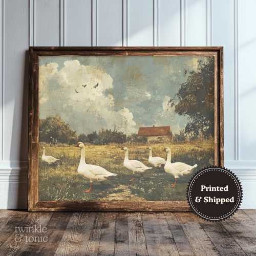 Vintage Geese Wall Art, Dark Academia Home Decor, Moody Farmhouse Poster, Neutral Bird Print, Rustic Nursery Painting, Printed and Shipped