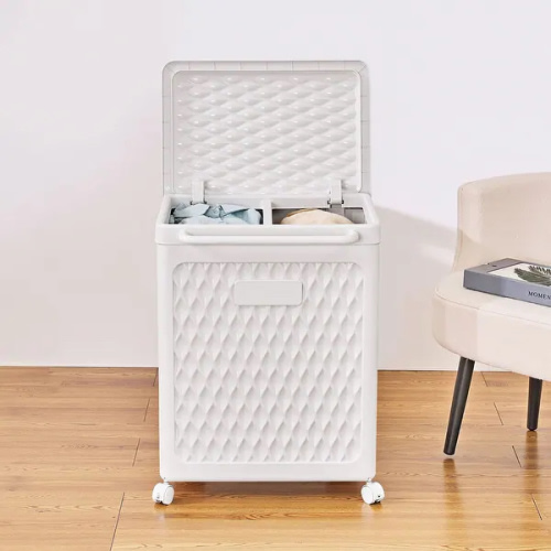 Javlergo White Rolling Laundry Hamper with Lid & Brakes 100L Dual Compartment Plastic Storage Cart with Wheels for Bathroom