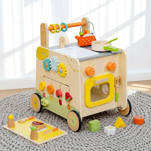 Wooden Baby Walker 3-in-1 Push Toy for Toddlers, Montessori Sensory Activity Center with Pretend Kitchen, Adjustable Speed Learning Walker, Safe Wooden Toy, Ideal Gift for Boys and Girls