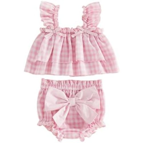 PUHHAPIEY Toddler Baby Girl Summer Outfit Clothes Bow Embroidery Striped Sleeveless Tops Vest Dress Bloomers Shorts Set