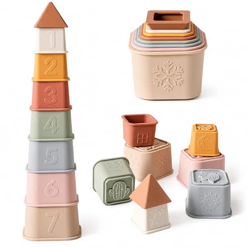 Baby Stacking Cups Toy, Silicone Stacking Tower Educational Baby Toys 6M+, Soft Teething Building Blocks 8 Pcs, BPA Free Sensory Infant Toy, Bath & Beach Toys, Vintage Neutral Colors-Gentle