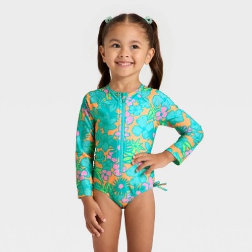Infant Girls' Long Sleeve One Piece Hibiscus Floral Rash Guard Swimsuit - Cat & Jack™ 12M
