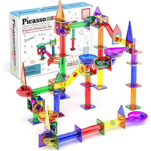 PicassoTiles 50pcs Magnetic Tiles Marble Run for Kids Race Track Toy Marble Maze Sensory Toys for Toddlers STEM Educational Set Magnet Building Blocks Construction Building Tiles Boys Girls 3+ PTG50