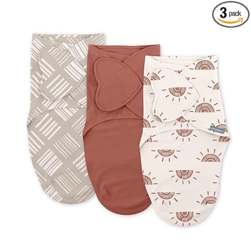 SwaddleMe by Ingenuity Monogram Collection Baby Swaddle, 100% Cotton, Improves Sleep & Calms Startle Reflex, 0-3 Months, Pocket Fold Design for Easy Changes, 1.0 TOG, 3-Pack - Rising Sun