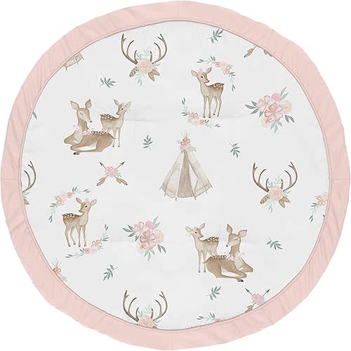 Sweet Jojo Designs Blush Pink, Mint Green and White Boho Watercolor Playmat Tummy Time Baby and Infant Play Mat for Woodland Deer Floral Collection
