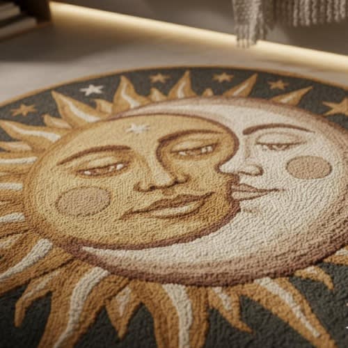 Celestial Rug Wool Hand Tufted Sun Moon Astrology Living Room Rug