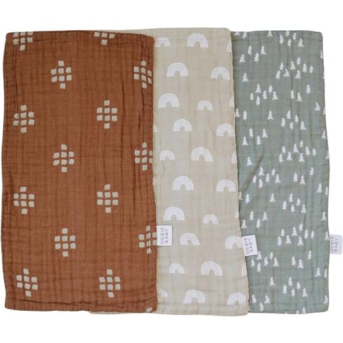 Mebie Baby Burp Cloths, Woods Print 3-Pack, Muslin Burp Cloth Set for Spit Up, Drool, and More, Boho Burp Cloths for Baby Boy and Girl, Baby Must Haves for Registry Lists and Gifts for Newborns