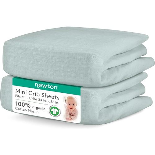 Newton Baby Mini Crib Fitted Sheets (2-Pack) | Organic Muslin Cotton, Ultra Breathable & Soft Baby Sheets, Machine Washable Baby Mattress Sheets, Fits Any Mini Sized Crib 24" x 38", Sage